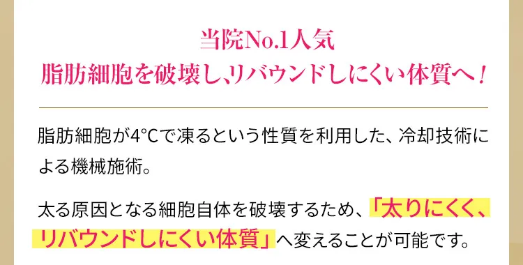 当院No.1人気　脂肪細胞を破壊し、リバウンドしにくい体質へ！　脂肪細胞が4℃で凍るという性質を利用した、冷却技術による機械施術。太る原因となる細胞自体を破壊するため、「太りにくく、リバウンドしにくい体質」へ変えることが可能です。