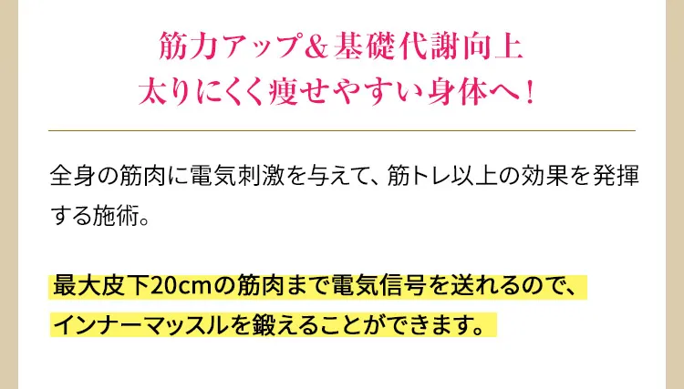 筋力アップ&基礎代謝向上　太りにくく痩せやすい身体へ！　全身の筋肉に電気刺激を与えて、筋トレ以上の効果を発揮する施術。最大皮下20cmの筋肉まで電気信号を送るので、インナーマッスルを鍛えることができます。