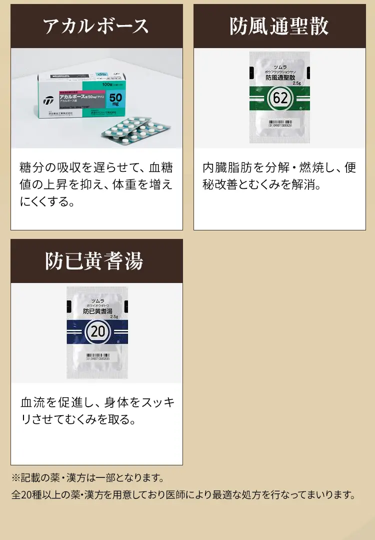 アカルボース　五苓散　防風通聖散　防己黄耆湯