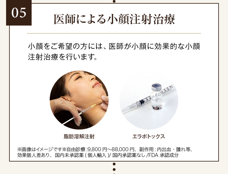 05 医師による小顔注射治療 小顔をご希望の方には、医師が小顔に効果的な小顔注射治療を行います。脂肪溶解注射 エラボトックス