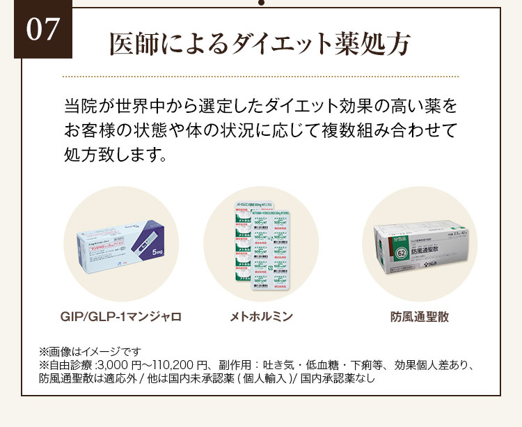 07 医師によるダイエット薬処方 当院が世界中から選定したダイエット効果の高い薬をお客様の状態や体の状況に応じて複数組み合わせて処方致します。 GLP1サクセンダ メトホルミン SGLT2阻害薬 防風通聖散 防已黄耆湯