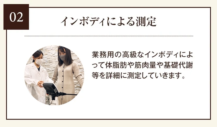 02 インボディによる測定 業務用の高級なインボディによって体脂肪や筋肉量や基礎代謝等を詳細に測定していきます。